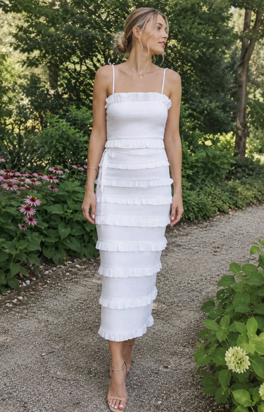 V. CHAPMAN Lily White Ruched & Ruffled Stretch Midi Dress Size 6